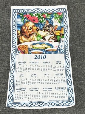🟢 3/$25 - 2010 - Calendar Tea Towel - Cat - Dog